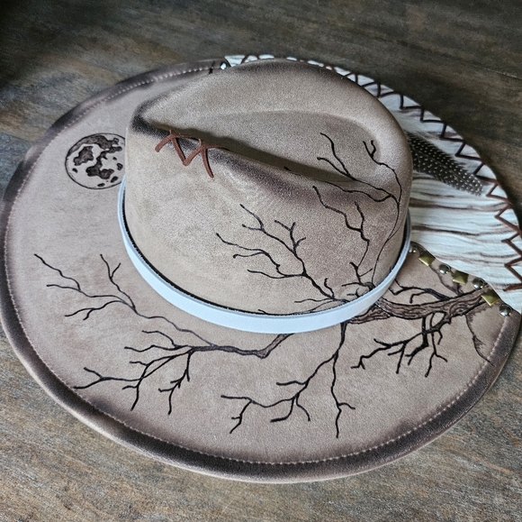 NWT Mocha Hand Burned Western Fedora Cowboy Hat With Genuine Leather main image 10